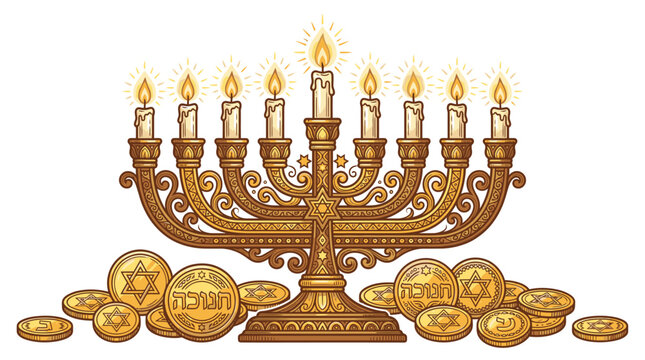 Traditional Jewish Menorah With Coins.