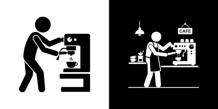Minimalist graphic of coffee brewing process and a barista making espresso