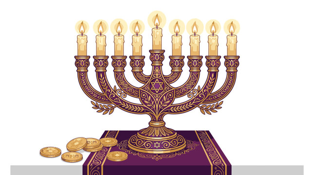 Menorah with nine lit candles.