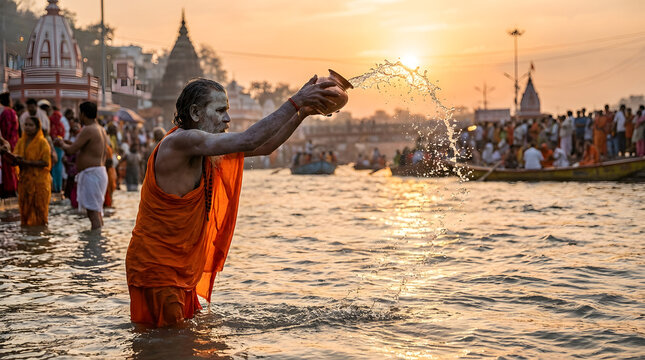 Ganga dussehra ritual with a devotee offering water to the river