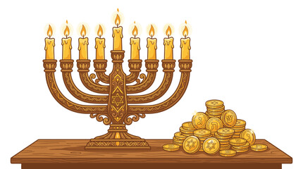 Menorah with gold coins Hanukkah symbol. © SuryaAji