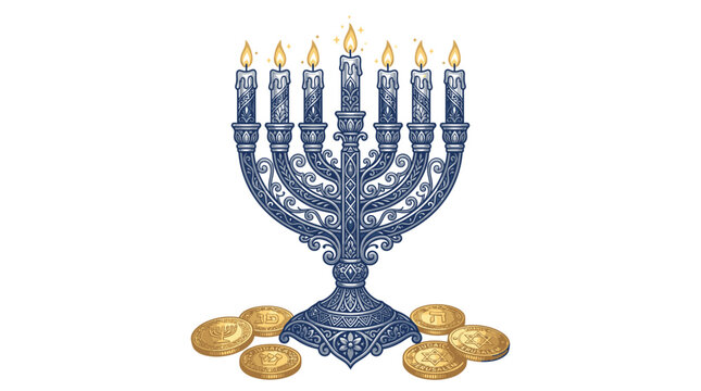 Menorah with nine candles and coins.