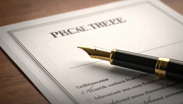 Close up of a formal peace treaty document with a fountain pen resting on signatures, ready for official ratification.