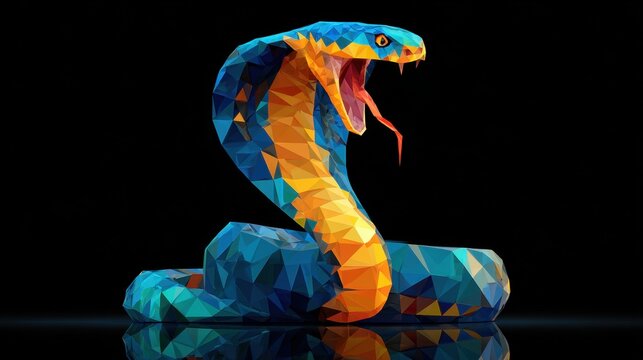 Vibrant polygonal illustration of a striking blue and orange snake with an open mouth and raised hood on a dark background, showcasing modern geometric art style