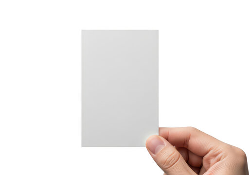 A hand holding a blank vertical paper card for your design and custom branding isolated on transparent background