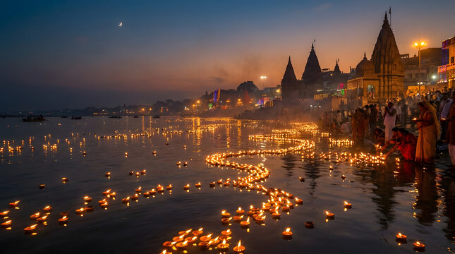 Ganga dussehra celebration with floating oil lamps on the ganges river