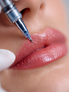 Procedure of lip enhancement with cosmetic tattoo machine applying pigment for permanent makeup on plump natural lips in beauty treatment session