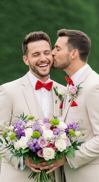 Two men embracing with a floral bouquet, representing love and partnership, ideal for wedding or relationship themes
