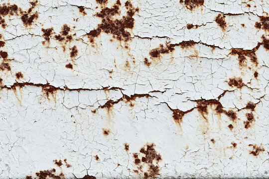 Weathered white wall with large crack and rusty spots