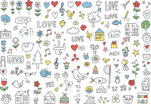 Assorted small colorful hand drawn icons featuring nature love symbols and daily objects colorful illustration creative collection isolated background elements children everyday