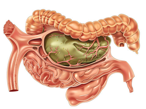 Detailed view showing the C-shape of the duodenum wrapping around the head of the pancreas, and the gallbladder with its cystic duct connecting with the common bile duct.