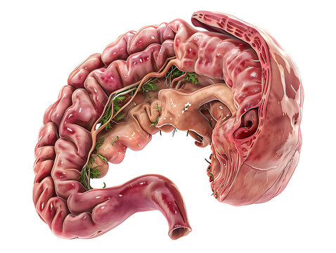 Photorealistic medical anatomical illustration of the pancreas. Detailed view showing the C-shaped duodenum encircling the head of the pancreas, the gallbladder with its cystic duct connecting to the 