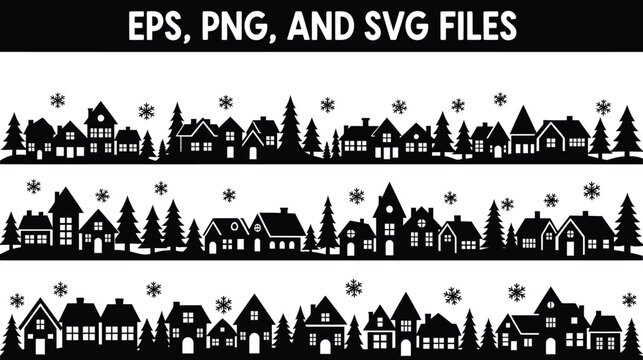 Black and white silhouette winter village landscape borders with silhouette landscape christmas seasonal decoration snowfall collection background creative wintertime minimalist