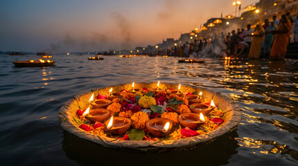 Fototapeta premium Ganga dussehra celebration with floating oil lamps on sacred river