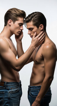 Two shirtless men with jeans lean close, touching faces and necks, symbolizing intimacy and connection, suitable for lifestyle and relationship themes