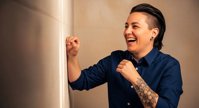 A person laughs heartily, leaning against a neutral wall, showcasing a stylized floral tattoo on their arm and an undercut hairstyle, symbolizing joy, expression, and individuality, ideal for lifestyl