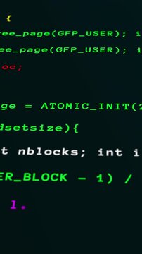 Seamless portrait terminal console display showing automated data processing and Linux kernel programming code lines.
