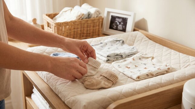 Closeup of a mothers hands folding baby clothes on a changing table