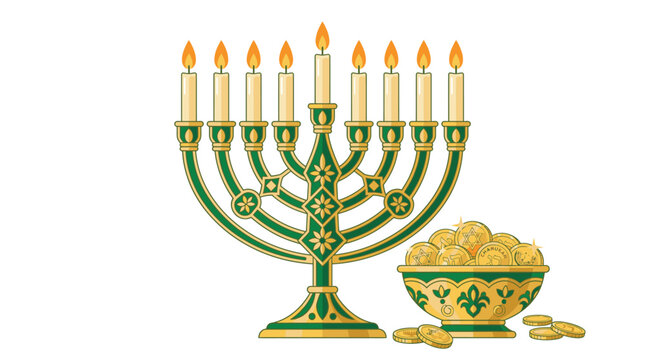 Green Menorah with Gold Coins.
