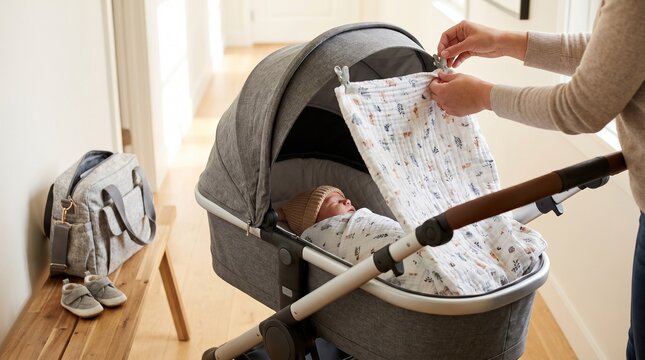 Caring parent covers sleeping baby in bassinet stroller with a patterned muslin blanket