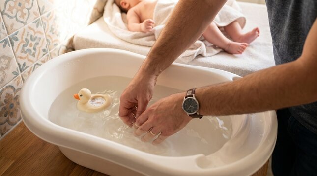 Dads hands checking water temperature in baby bathtub with rubber duck thermometer