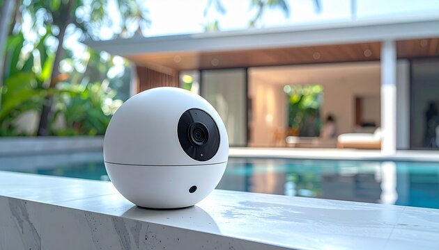 Smart home security camera placed near a swimming pool in a modern house