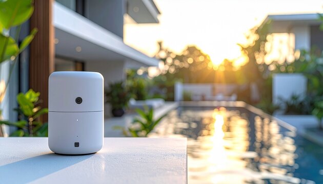 Smart home device with contemporary design placed outdoors by a swimming pool during sunset