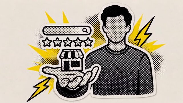 Pop Art Halftone Business Rating and Customer Review Concept, Local Store Reputation Evaluation, Torn Paper Collage Element, Magazine Style Graphic, Video