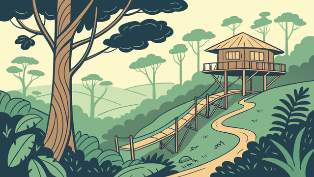 Jungle treehouse landscape illustration with treehouse landscape adventure