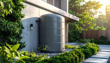 Naklejka premium Modern grey water tank seamlessly integrated into a lush, contemporary garden landscape with paving and plants, illuminated by warm sunlight