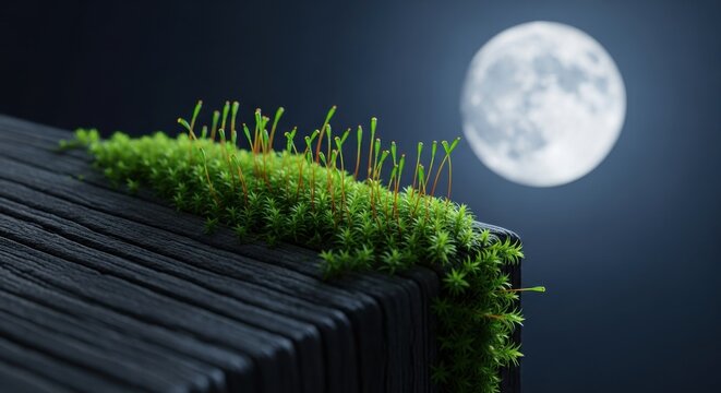 Green moss sprouts growing on weathered wood under a full moon, symbolizing growth and night mystery.