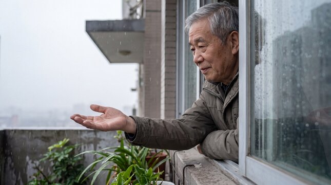 An elderly Asian man peers out from a window, his hand outstretched as he catches raindrops, his expression thoughtful and contemplative amidst the soft drizzle.