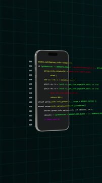 Portrait mobile phone screen tracking smart software development code scripts with floating technical interface grids.