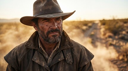 Obraz premium A weathered cowboy, hat pulled low against the desert sun, stands on a dusty trail, his determined gaze scanning the arid expanse.