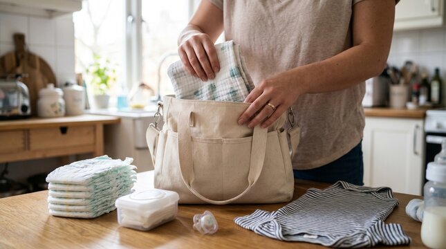 A person organizes baby supplies into a canvas diaper bag on a wooden kitchen table for travel and everyday parenting preparation needs.