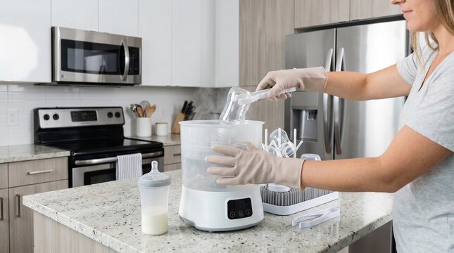 Woman using tongs to remove a sterilized baby bottle from a steam sterilizer
