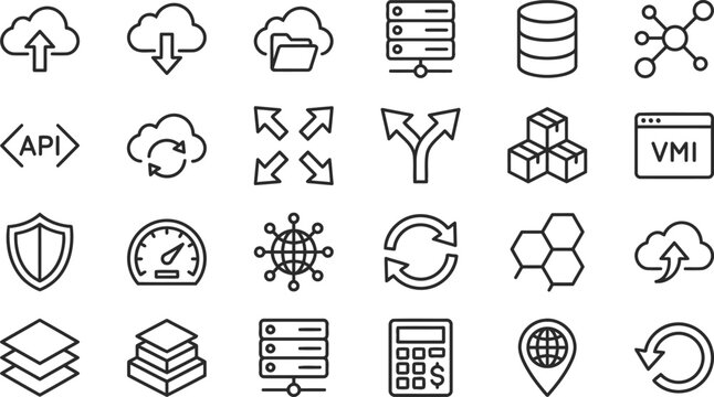 Cloud computing, database and network technology outline icons set