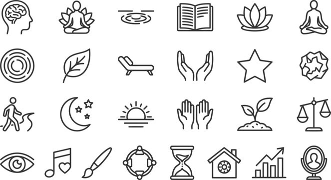 Set of thin line icons for wellness, mindfulness, mental health, and selfcare