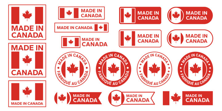 Made in Canada flag icon set vector, badge, banner, circle, sticker, logo, symbol, stamp, line, flat vector, isolated on white background. Canada product label commerce business.
