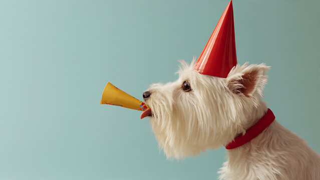 Cute White Dog Wearing Red Party Hat Blowing Horn