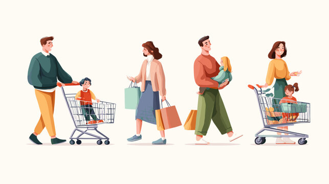 Diverse Families Enjoying Shopping Excursion With Children And Full Grocery Carts In Brightly Lit
