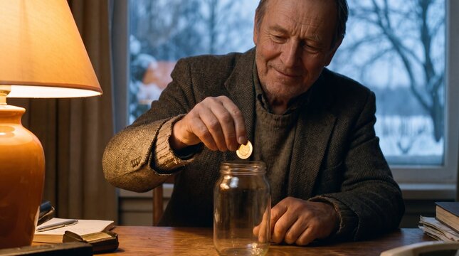 An elderly man, his face etched with contentment, carefully drops a coin into a glass jar, symbolizing saving and financial prudence in a warm, intimate setting.