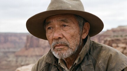 Obraz premium A weathered indigenous man with deep-set eyes and a thoughtful expression wears a fedora and outdoor clothing, set against a dramatic backdrop of rugged desert canyons.