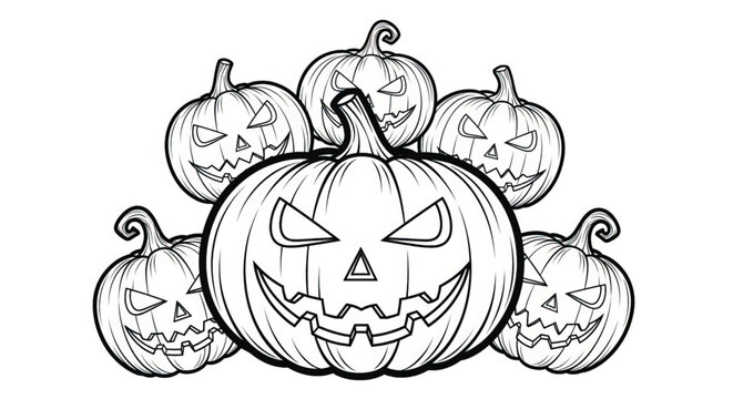 Group of carved Halloween pumpkins faces.