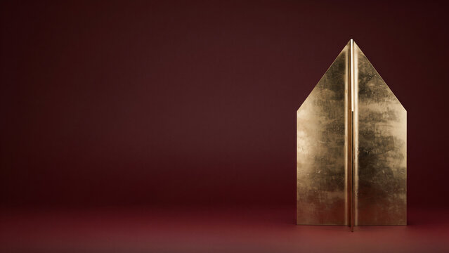 Minimalist Golden Triangular Prism Structure on Dark Burgundy Background