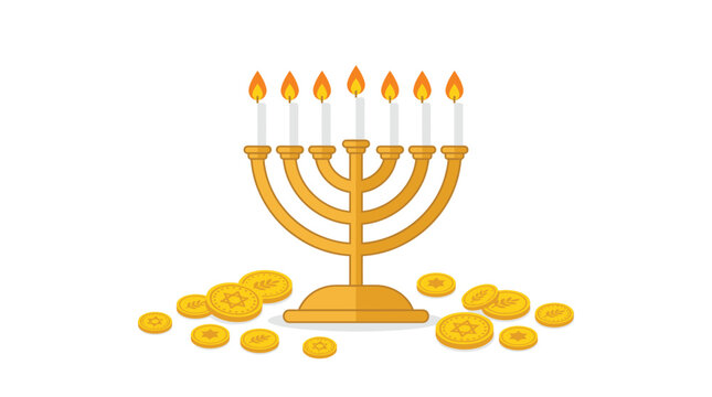 Menorah with lit candles and coins.