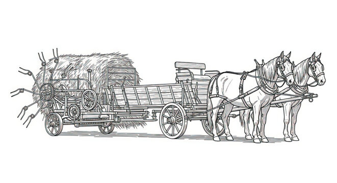 Two horses pulling a hay wagon.