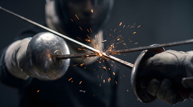 Fencing swords clashing with bright sparks