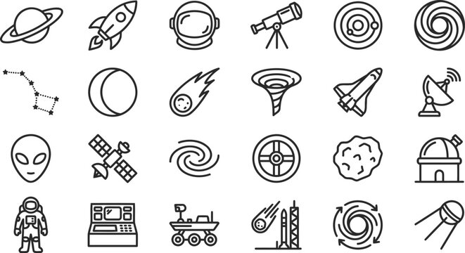 Set of space and astronomy icons, thin line style, vector illustration