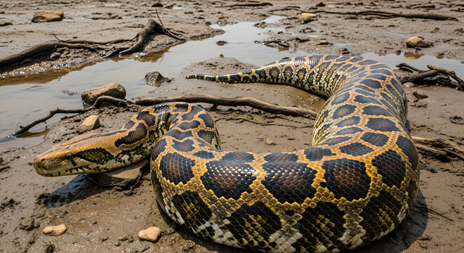Large Burmese python on muddy riverbank